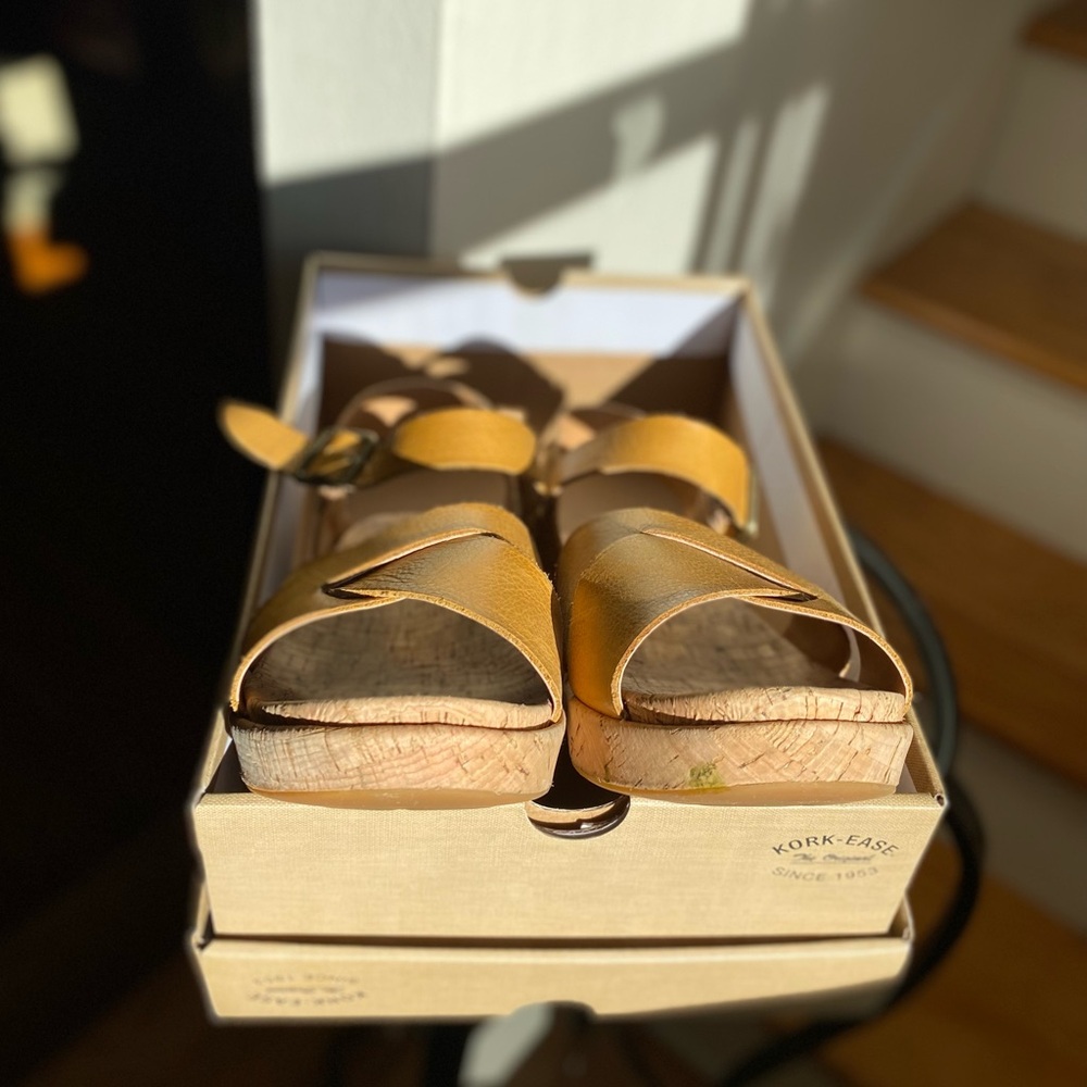 Kork-Ease Mustard Strappy Cork Wedges Size 10 Excellent Comfy Condition With Box - Picture 5 of 13